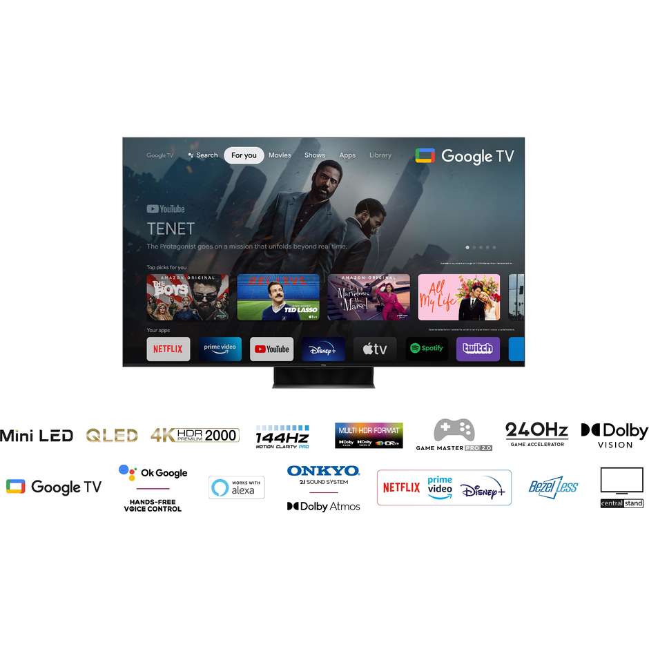 TCL 55C845 Smart TV 55" QLED 4K Ultra HD Google TV Colore Black