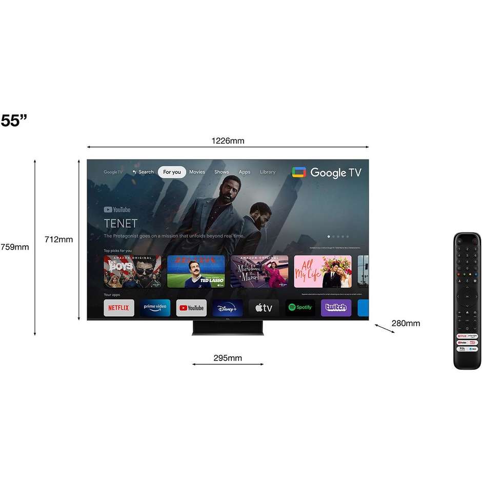 TCL 55C845 Smart TV 55" QLED Mini LED 4K 144Hz Google TV Nero