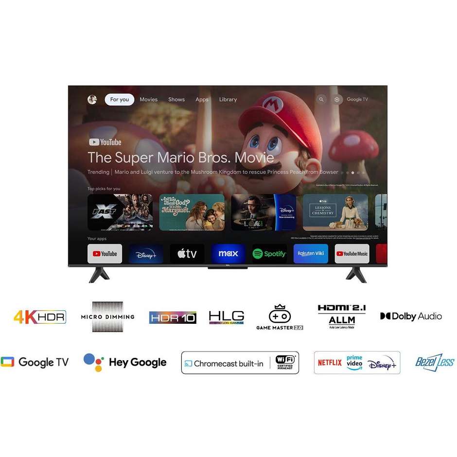 TCL 55P655 Smart TV 55" LED 4K Ultra HD Google TV Colore Black