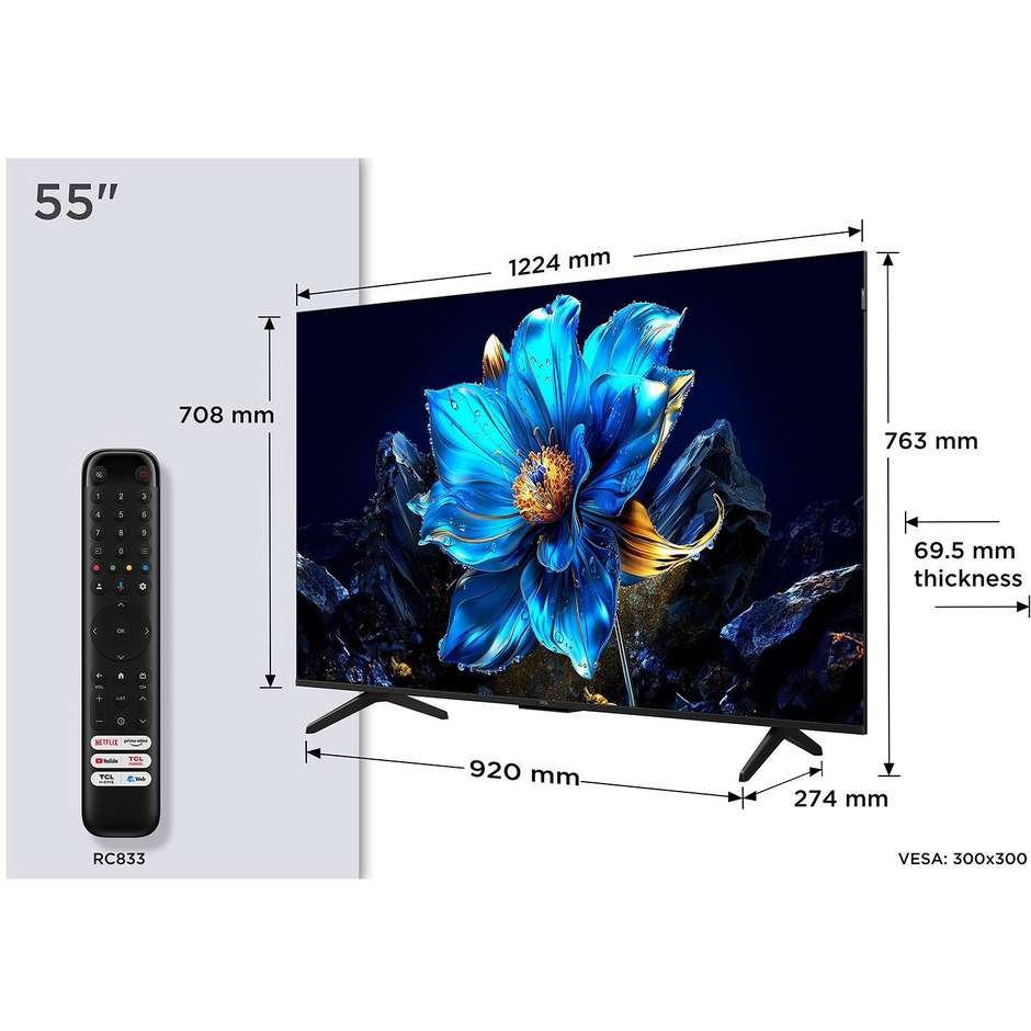TCL 55P79K TV QLED 55" 4K Ultra HD Smart TV Wi-Fi Classe F Colore Nero