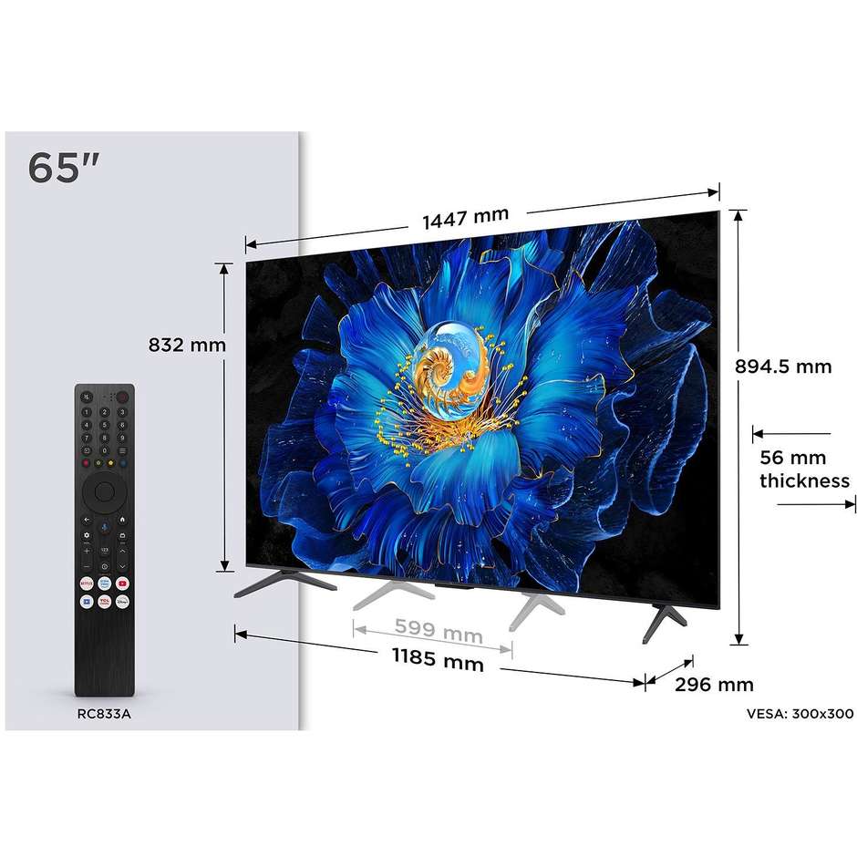 TCL 65C69KS TV 65" QD-MiniLED 4K Ultra HD Smart TV Wi-Fi Classe E Colore Nero