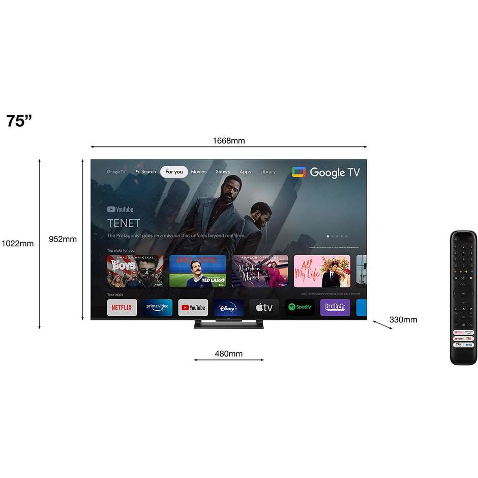 Tcl 75C745 Smart TV QLED 75" 4K Ultra HD Wi-Fi DVB-T2 Classe G Nero