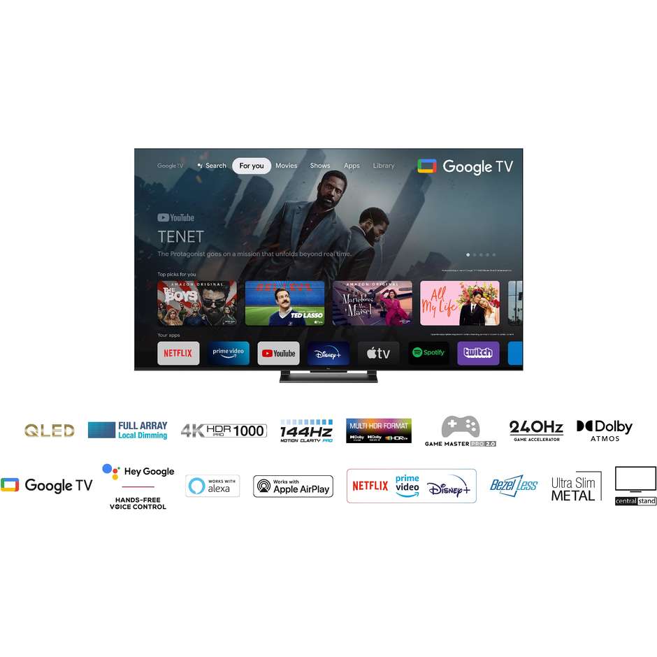Tcl 75C745 Smart TV QLED 75" 4K Ultra HD Wi-Fi DVB-T2 Classe G Nero