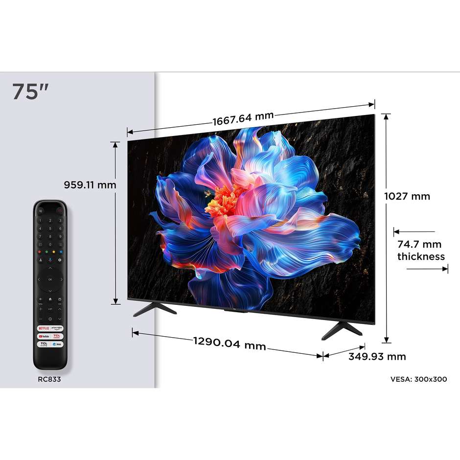 Tcl 75P69K Smart TV LED 75" 4K Ultra HD Wi-Fi DVB-T2 Classe E Nero