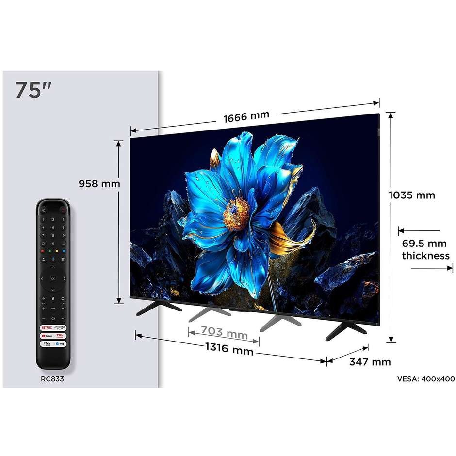 Tcl 75P79K Smart TV QLED 75" 4K Ultra HD Wi-Fi DVB-T2 Classe F Nero