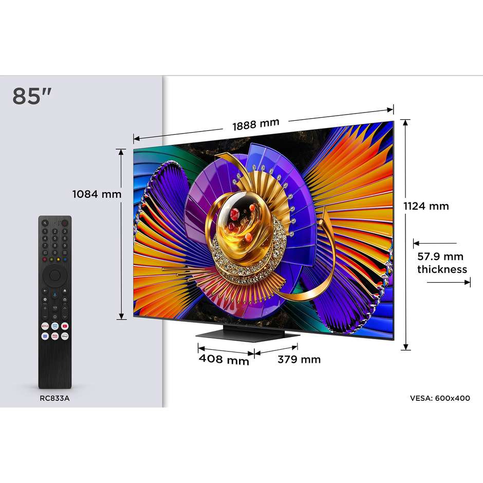 TCL 85C7L TV 85" 4K SQD-Mini LED 144Hz Google TV Nero