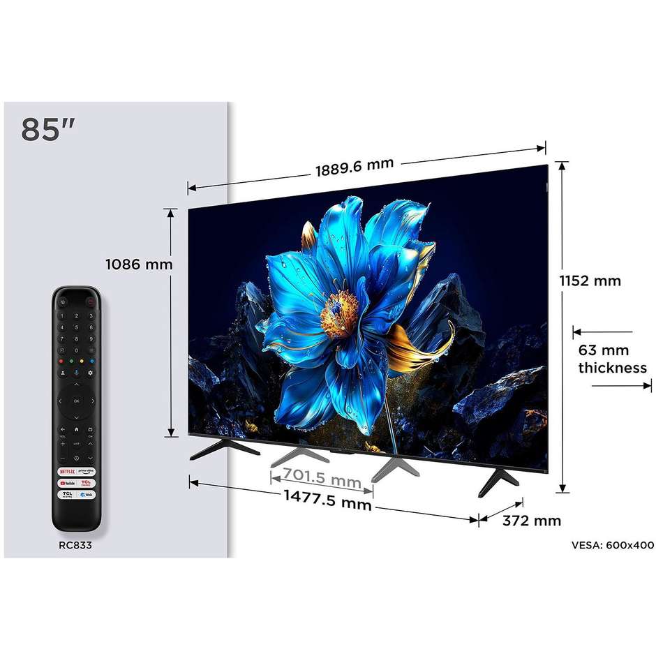TCL 85P79K TV 85" QLED 4K Ultra HD Smart TV Wi-Fi Classe F Colore Nero