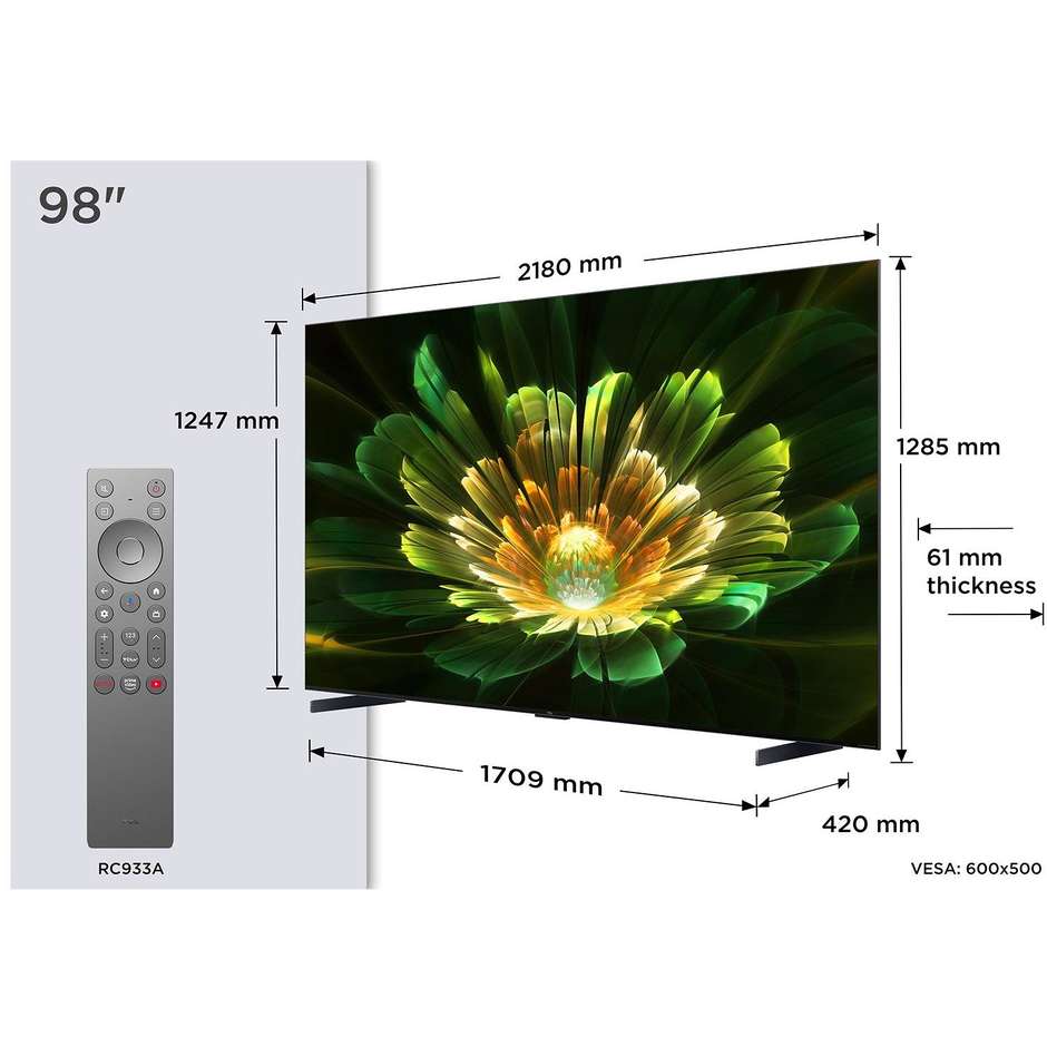 TCL 98C79K TV QD-Mini LED 98" 4K Ultra HD Smart TV Wi-Fi Classe E Colore Nero