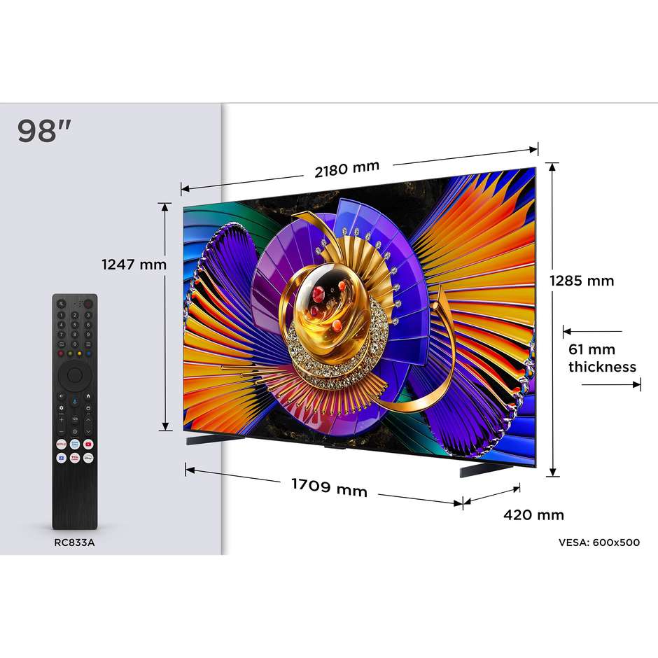 TCL 98C7L Smart TV 98" 4K SQD-Mini LED 144Hz Google TV Nero