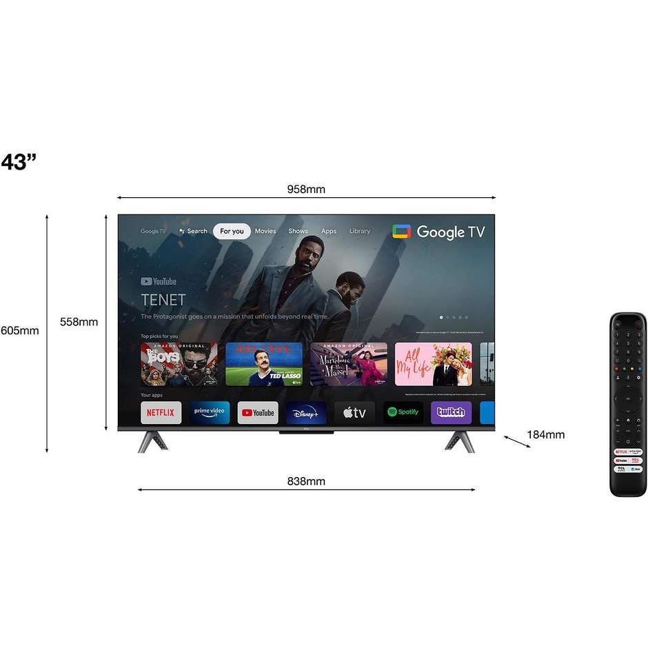 TCL C64 43C645 TV QLED 43" 4K Ultra HD Smart TV Classe G Colore Nero
