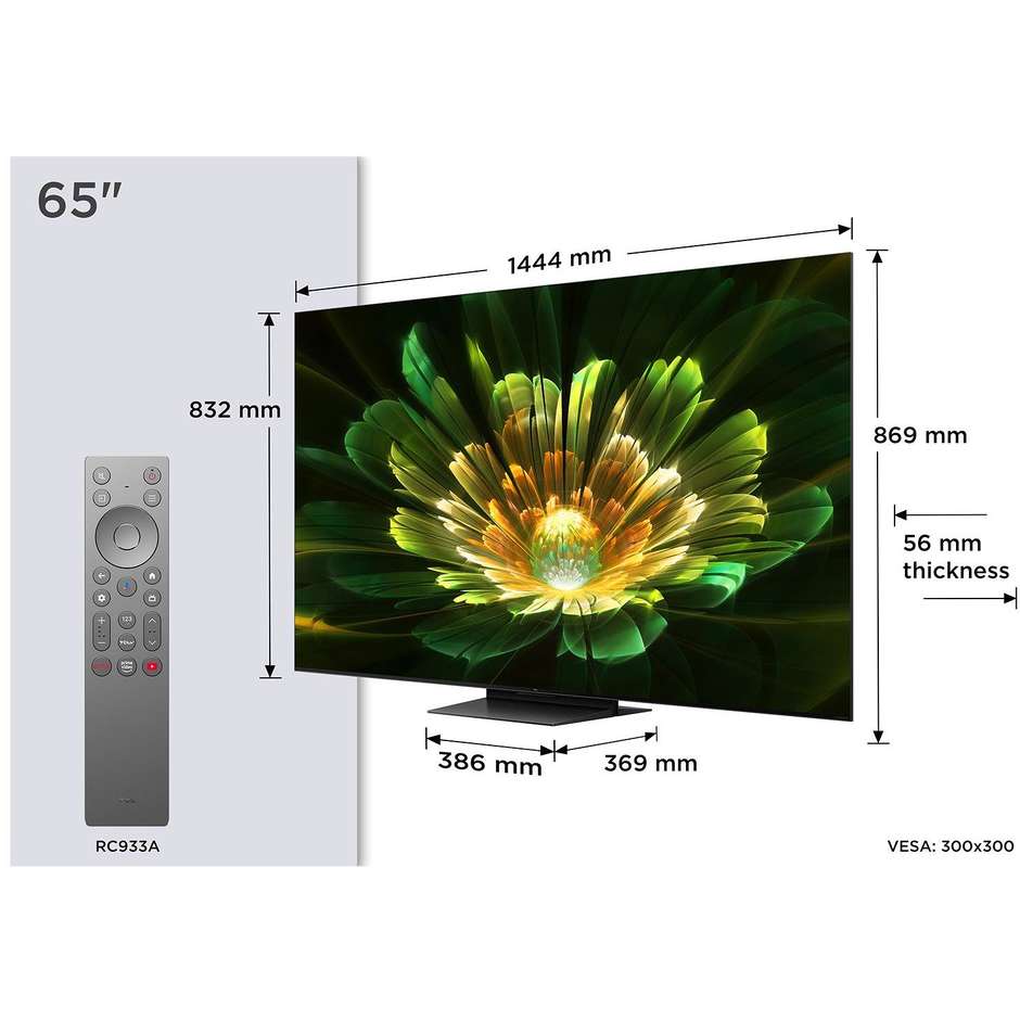 TCL C79K TV 65" QD-Mini LED 4K Ultra HD Smart TV Wi-Fi Classe F Colore Nero