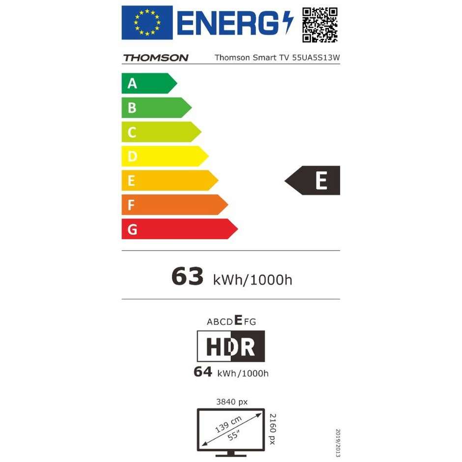 Thomson 55UA5S13W TV LED 55" 4K Ultra HD Smart TV Wi-Fi Classe E Colore Bianco