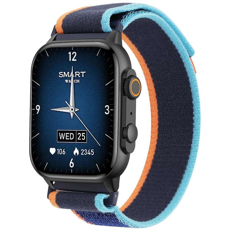 Trevi T-FIT 430 Smartwatch 1.95" Bluetooth Cassa Metallo Chiamate Vivavoce Colore Nero cinturino Blu/Arancione
