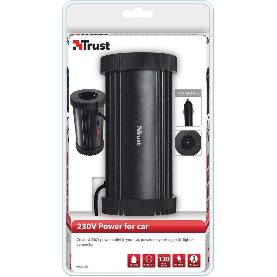 Trust 15834 Inverter di Alimentazione per Auto 200W da 12V DC a 230V AC con Porta USB Nero