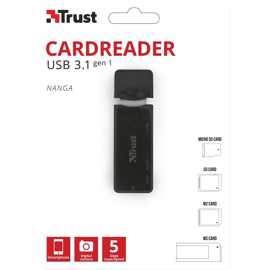 Trust 21935 Nanga Lettore di Schede di Memoria USB 3.1 Compatto Doppio Slot SD e MicroSD Nero