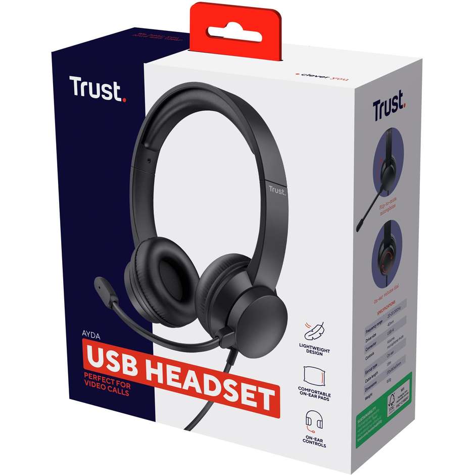 Trust Ayda Cuffie Cablate On-Ear con Connessione USB Microfono Flessibile e Controlli In-Line per PC e Ufficio - Nero