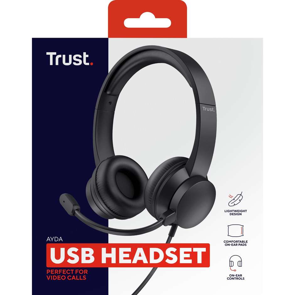 Trust Ayda Cuffie Cablate On-Ear con Connessione USB Microfono Flessibile e Controlli In-Line per PC e Ufficio - Nero