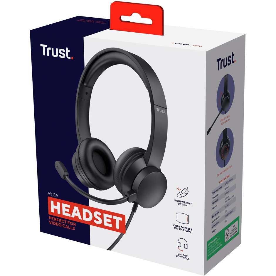 Trust Ayda Cuffie Cablate On-Ear con Jack Combo 3.5mm Microfono Flessibile e Regolazione Volume per Ufficio e PC - Nero