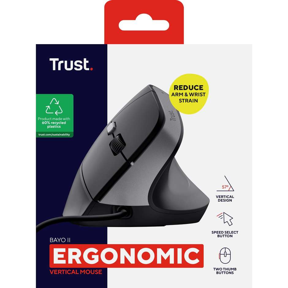 Trust Bayo II Mouse Ergonomico Verticale Cablato USB ad Angolazione Naturale a 57 Gradi Sensore fino a 2400 DPI - Nero (25144)