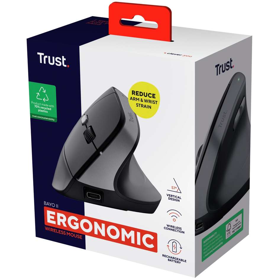 Trust Bayo II mouse ergonomico wireless 2400 DPI nero