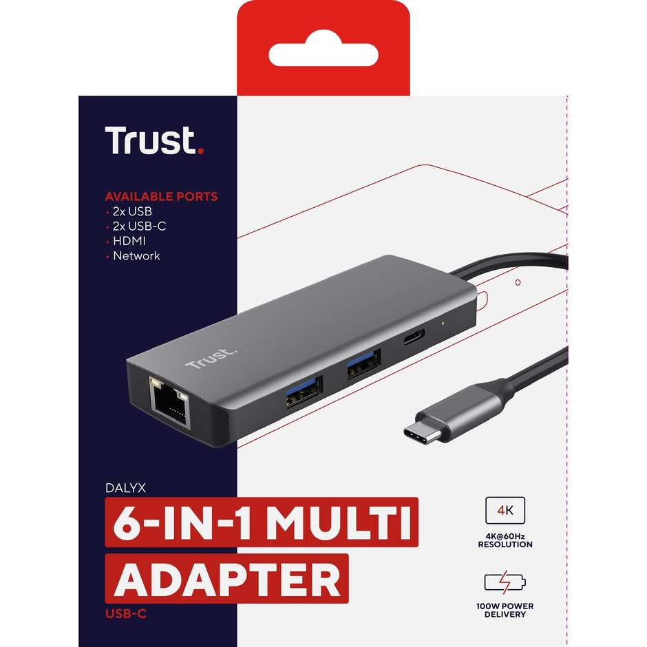Trust Dalyx (24968) Adattatore di Rete da USB-C a Porta Gigabit Ethernet RJ45 1000 Mbps Alluminio Argento