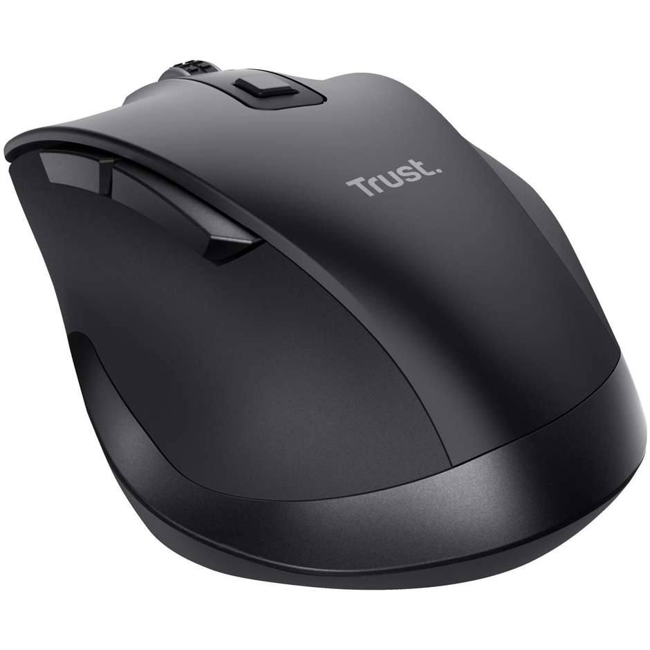 Trust Fyda Mouse Wireless Ricaricabile Ergonomico a 6 Pulsanti con Poggiadito Sensore Regolabile fino a 2400 DPI - Nero (24727)