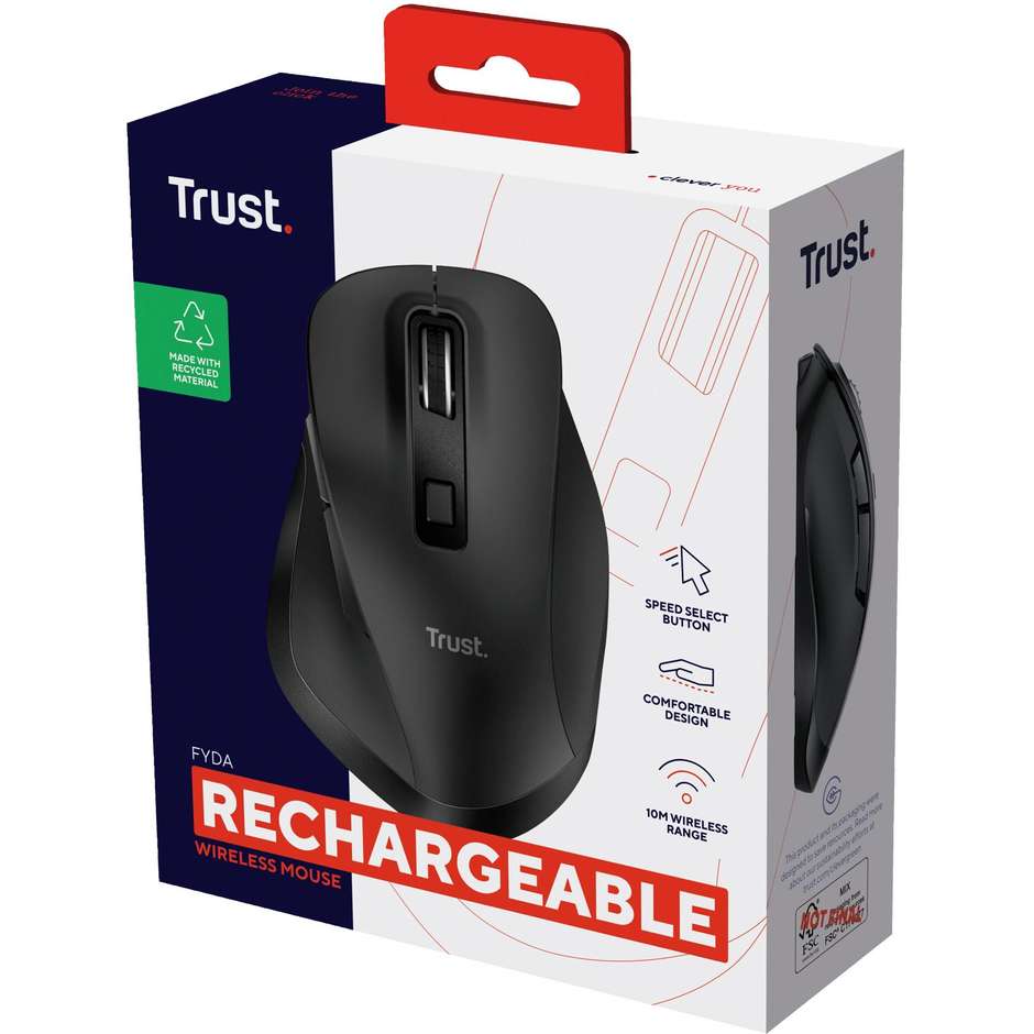 Trust Fyda Mouse Wireless Ricaricabile Ergonomico a 6 Pulsanti con Poggiadito Sensore Regolabile fino a 2400 DPI - Nero (24727)