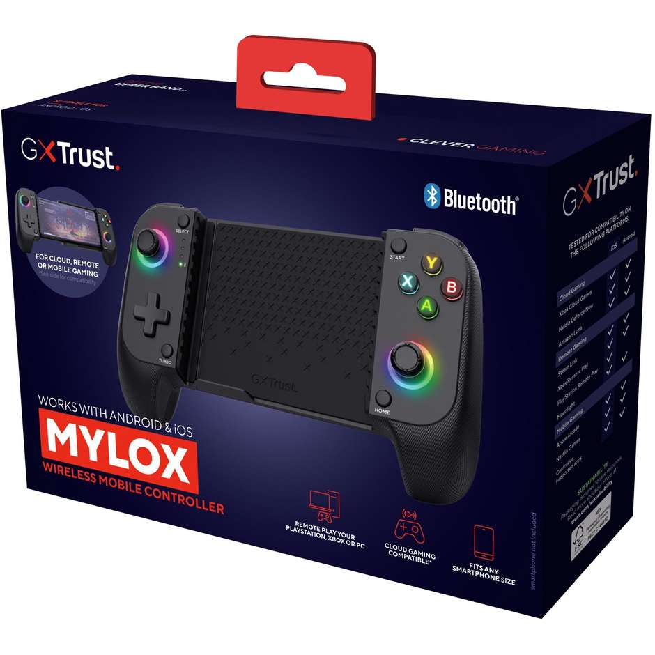 Trust Gaming GXT 735G Mylox (25649) Gamepad Wireless Bluetooth con Supporto per Smartphone Tasti Turbo e Batteria Ricaricabile 600 mAh per Android e iOS Nero