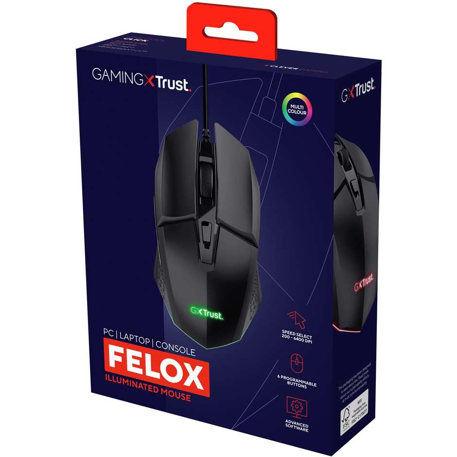 Trust GXT 109 Felox Mouse Gaming Cablato USB con Illuminazione a LED Multicolore Sensore Regolabile fino a 6400 DPI - Nero (25036)