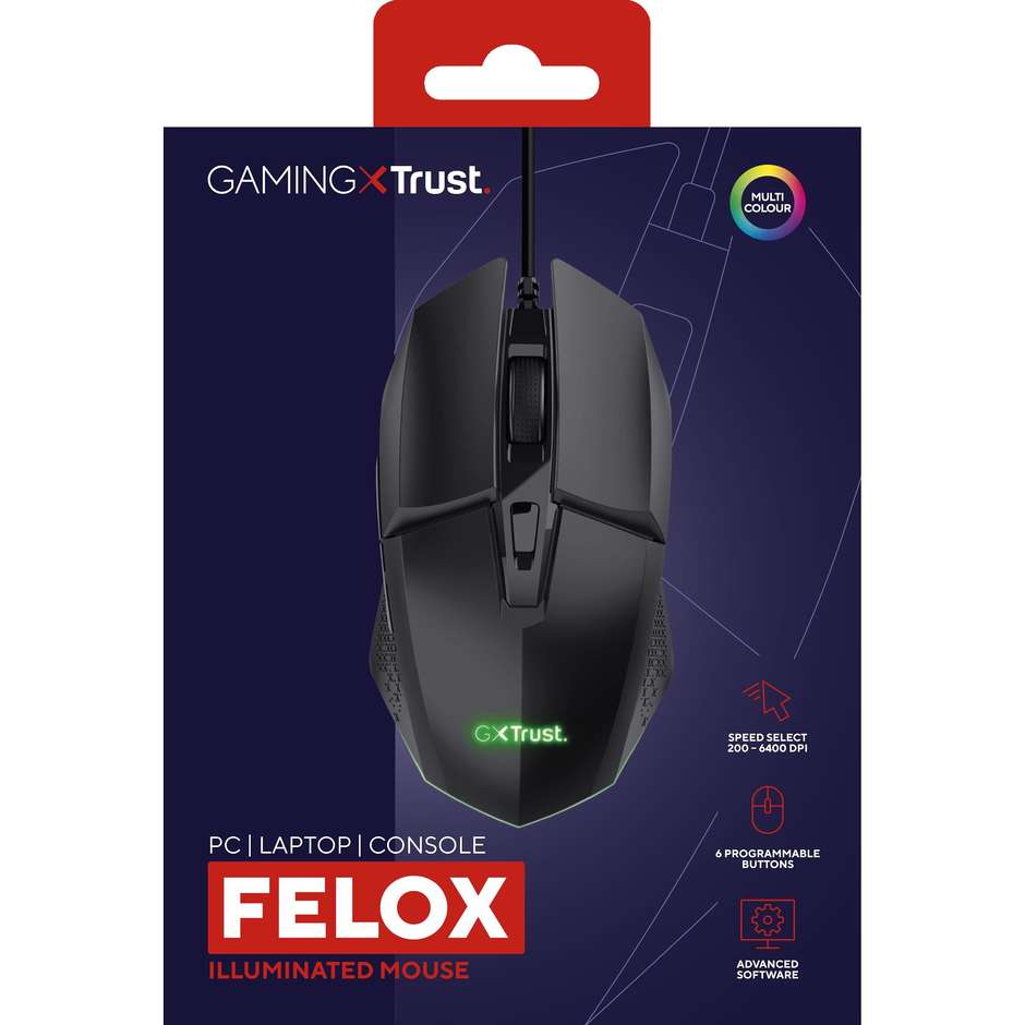 Trust GXT 109 Felox Mouse Gaming Cablato USB con Illuminazione a LED Multicolore Sensore Regolabile fino a 6400 DPI - Nero (25036)