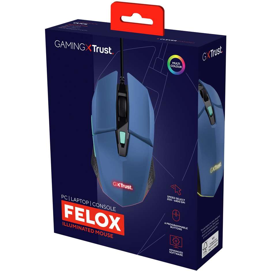 Trust GXT 109B Felox Mouse Gaming Cablato USB con Illuminazione a LED Multicolore Sensore Regolabile fino a 6400 DPI - Blu (25067)