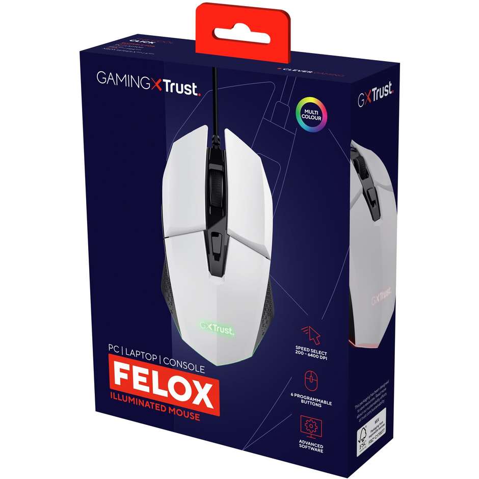 Trust GXT 109W Felox Mouse Gaming Cablato USB con Illuminazione a LED Multicolore Sensore Regolabile fino a 6400 DPI - Bianco (25066)