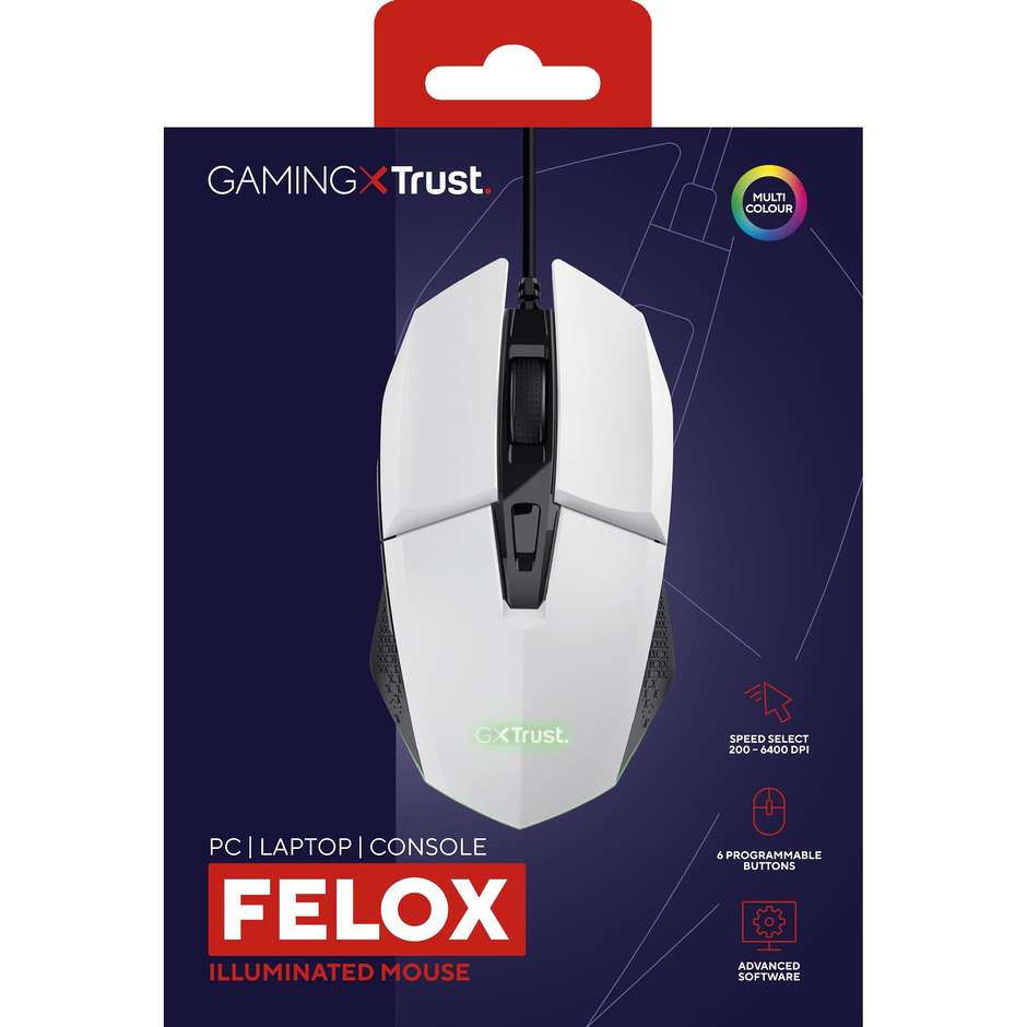 Trust GXT 109W Felox mouse Gaming Mano destra USB tipo A Colore Nero, Bianco