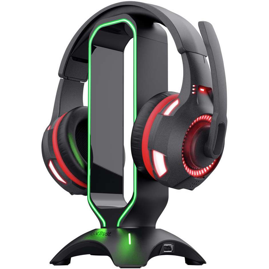 Trust GXT 265 Cintar Supporto Porta Cuffie Gaming con Illuminazione RGB e Hub 2 Porte USB Nero