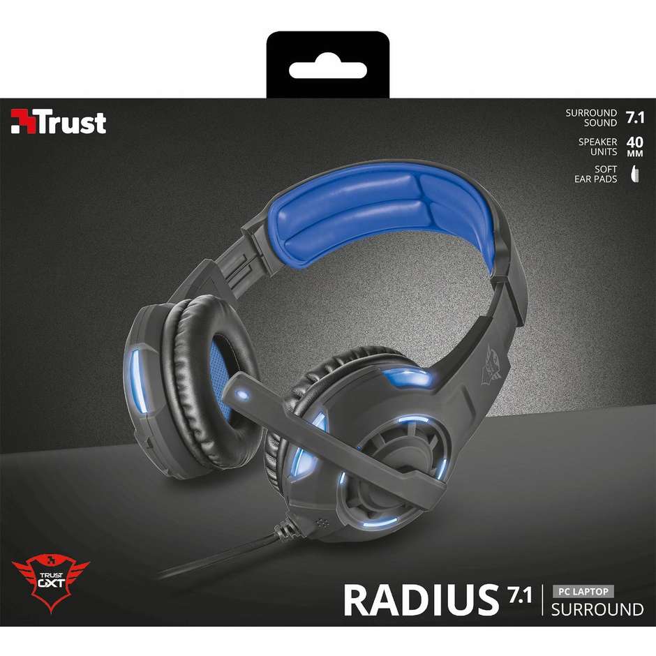 Trust GXT 350 Radius Cuffie Gaming Cablate Surround 7.1 con Driver 40mm Microfono e Illuminazione LED USB - Nero/Blu