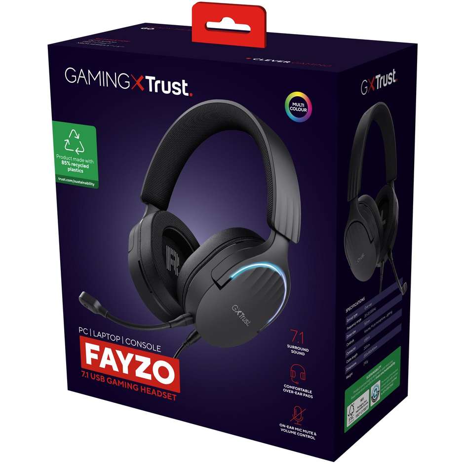 Trust GXT 490 Fayzo Cuffie Gaming Cablate Surround 7.1 con Driver 50mm Illuminazione RGB e Connessione USB - Nero