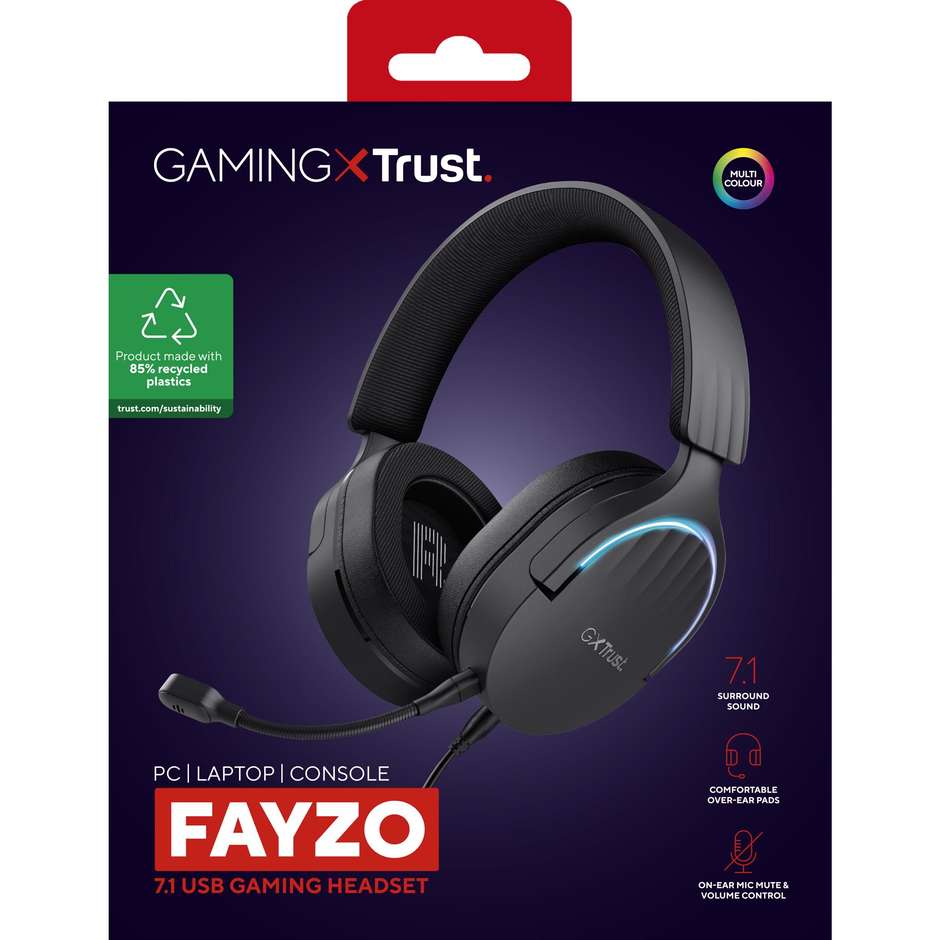 Trust GXT 490 Fayzo Cuffie Gaming Cablate Surround 7.1 con Driver 50mm Illuminazione RGB e Connessione USB - Nero