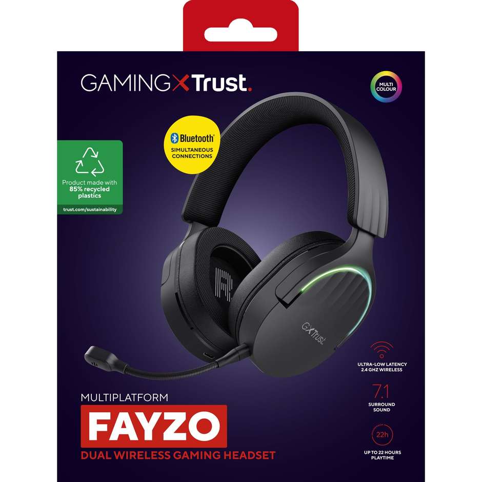 Trust GXT 491 Fayzo Cuffie Gaming Wireless Dual Mode 2.4GHz e Bluetooth con Driver 50mm Surround 7.1 e Illuminazione RGB - Nero