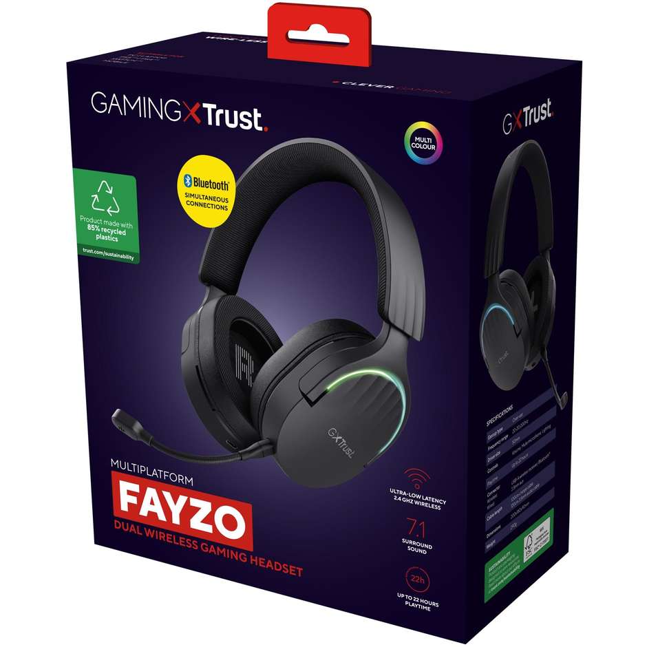 Trust GXT 491 Fayzo Cuffie Gaming Wireless Dual Mode 2.4GHz e Bluetooth con Driver 50mm Surround 7.1 e Illuminazione RGB - Nero