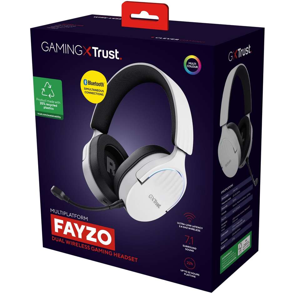 Trust GXT 491W Fayzo Cuffie Gaming Wireless Dual Mode 2.4GHz e Bluetooth con Driver 50mm Surround 7.1 e Illuminazione RGB - Bianco