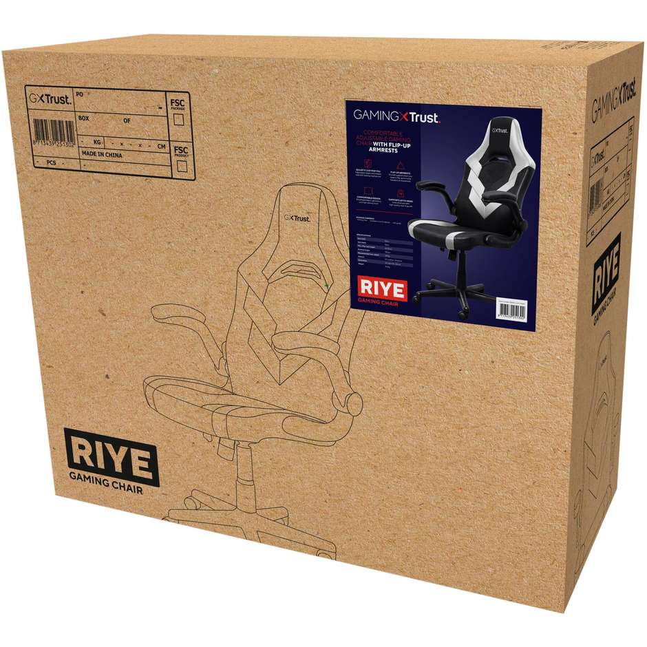 Trust GXT 703W RIYE Sedia da Gaming Ergonomica con Braccioli Ribaltabili Pistone Classe 4 Nero e Bianco 25130