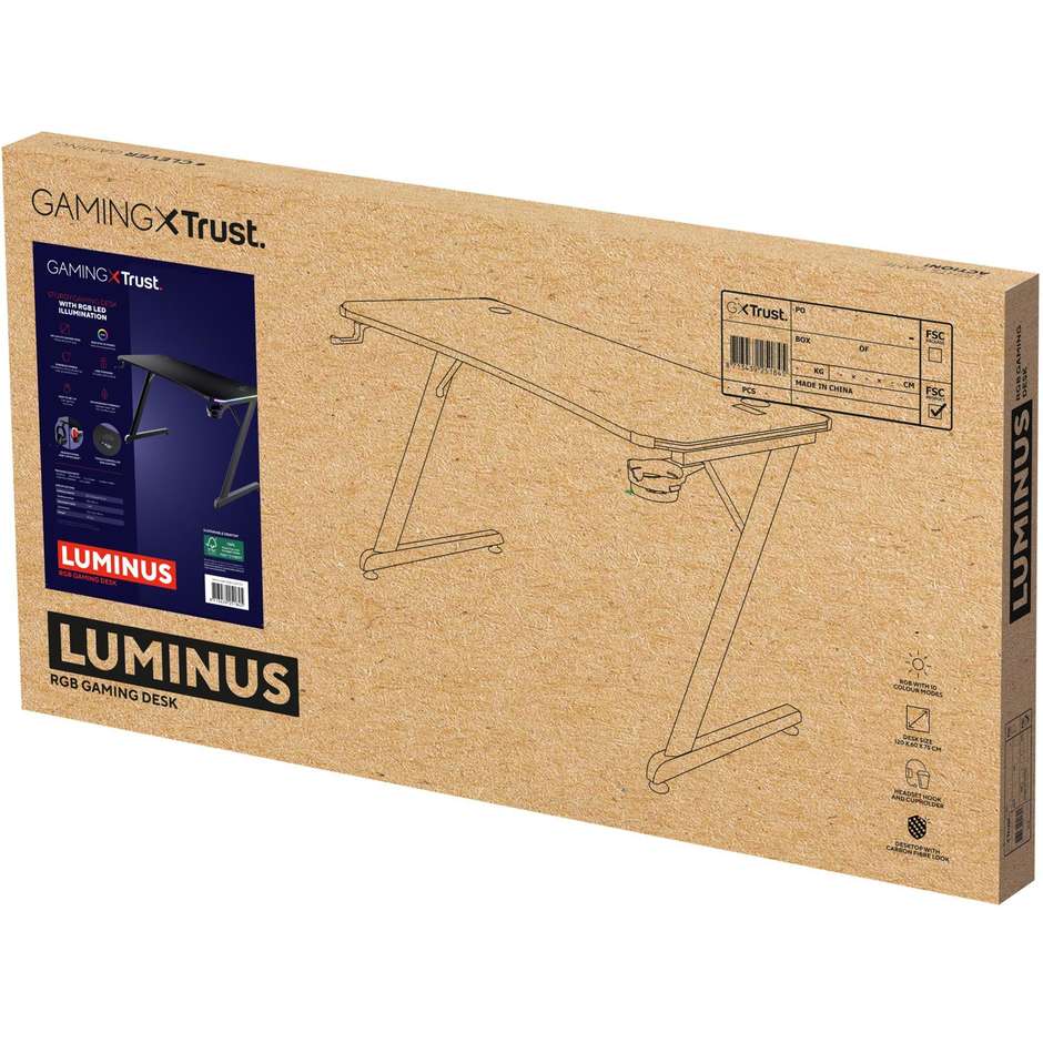 Trust GXT 709 LUMINUS scrivania gaming nera con LED multicolore, 1200 × 600 mm