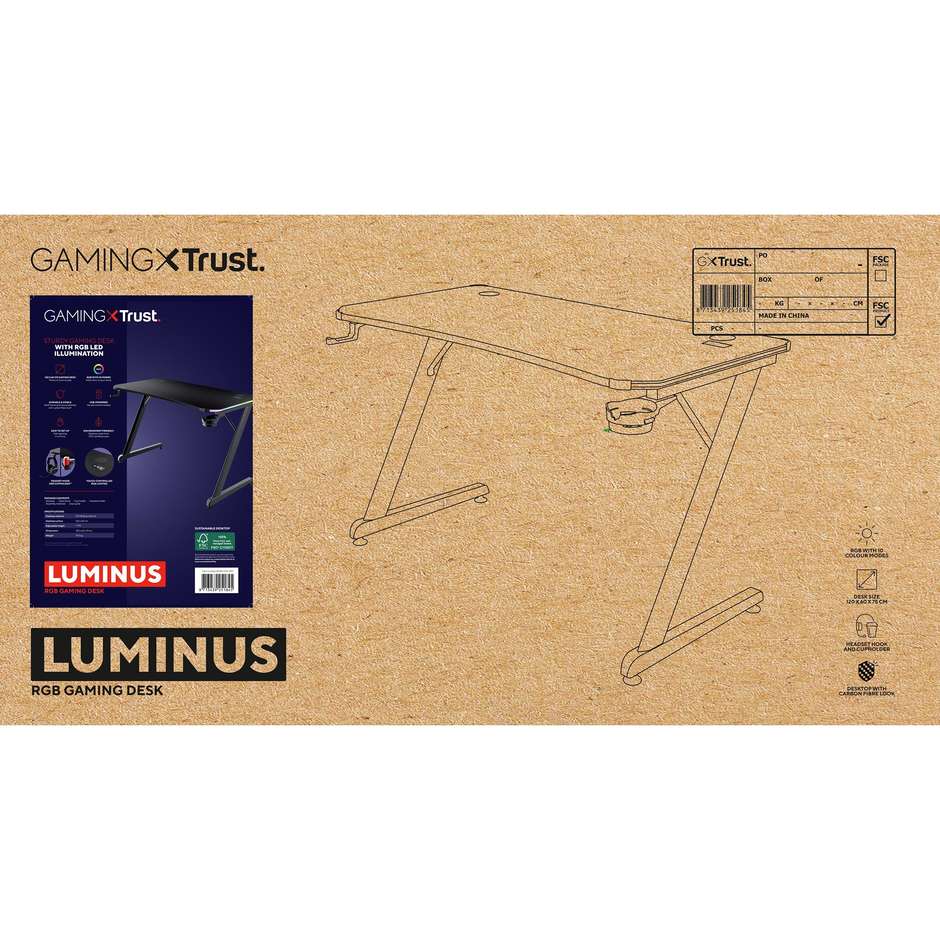 Trust GXT 709 LUMINUS scrivania gaming nera con LED multicolore, 1200 × 600 mm