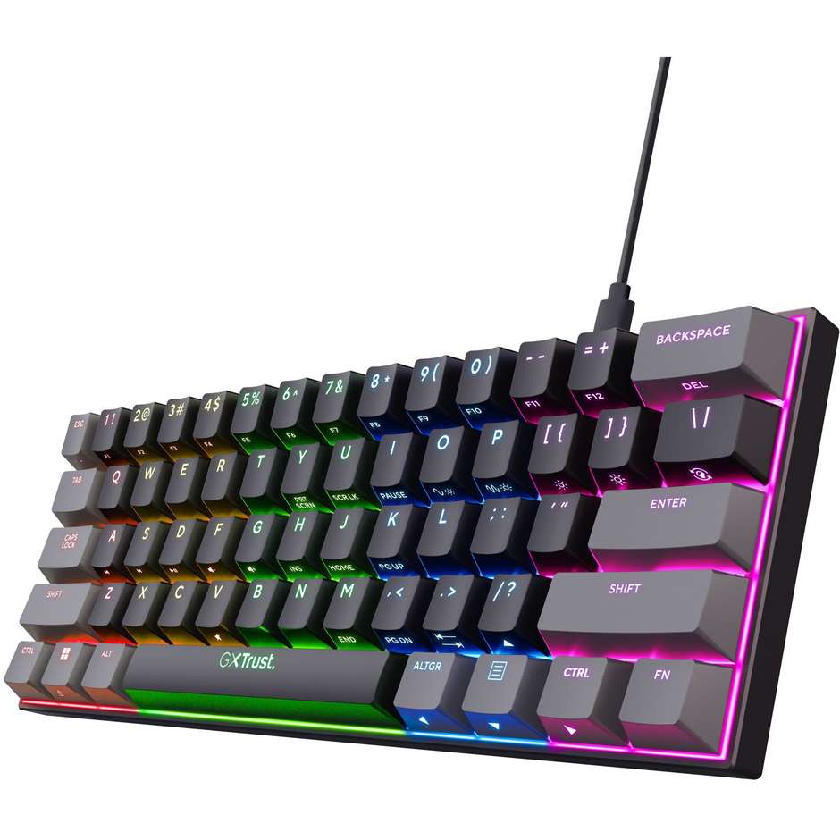 Trust GXT 867 Acira Tastiera Gaming Meccanica Ultracompatta 60% Switch Meccanici Rossi Cavo USB-C Staccabile Illuminazione RGB Layout Italiano - Nero (24884)
