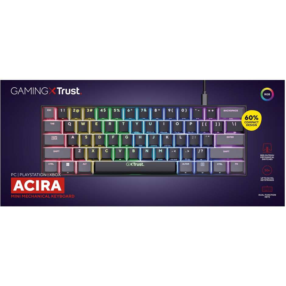 Trust GXT 867 Acira Tastiera Gaming Meccanica Ultracompatta 60% Switch Meccanici Rossi Cavo USB-C Staccabile Illuminazione RGB Layout Italiano - Nero (24884)