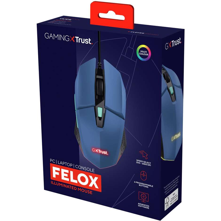 Trust GXT109B FELOX mouse Gaming Ambidestro USB tipo A Colore Blu