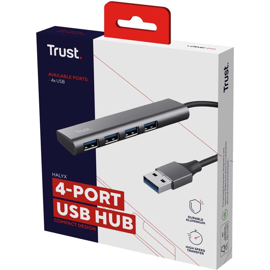 Trust Halyx 4-Port (24947) Hub USB 3.2 Gen 1 a 4 Porte USB-A 5 Gbps Alluminio Grigio Siderale