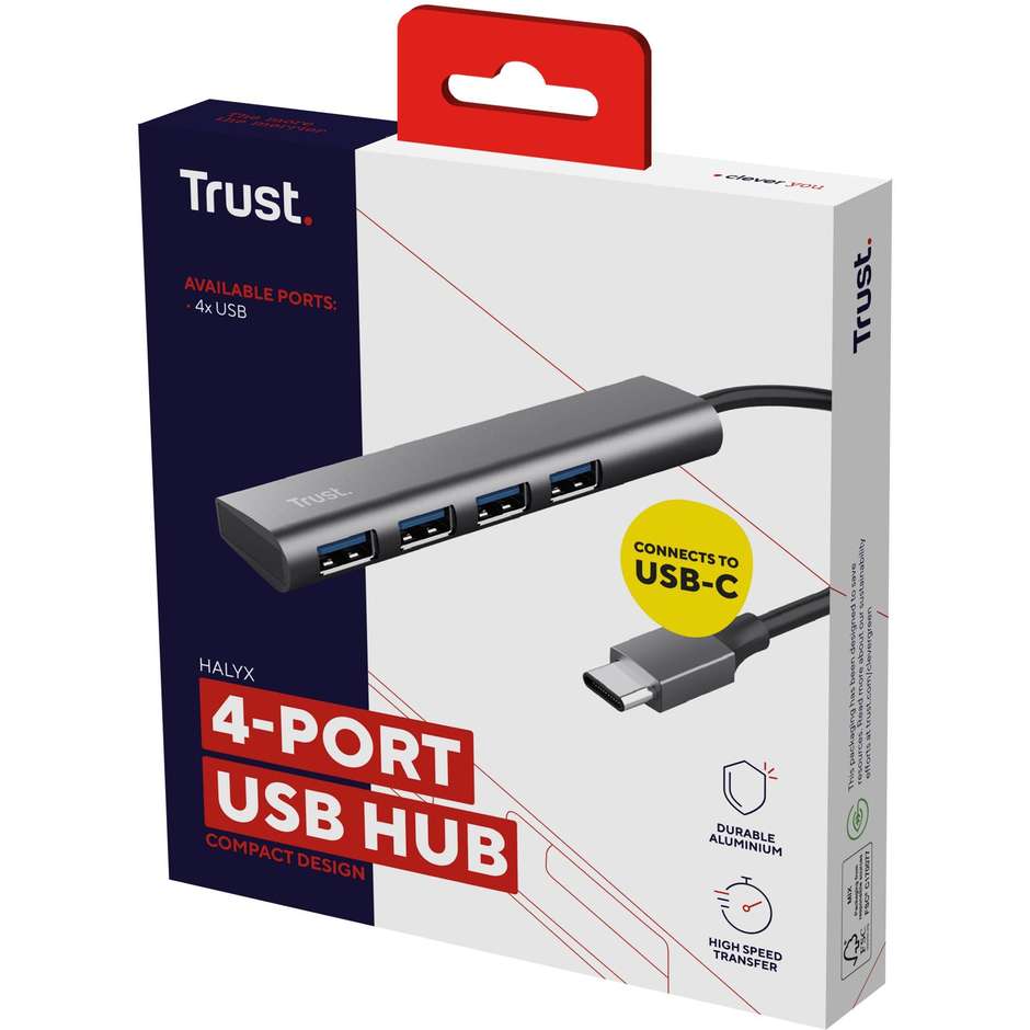 Trust Halyx 4-Port (24948) Hub USB-C a 4 Porte USB-A 3.2 Gen 1 5 Gbps Alluminio Grigio Siderale