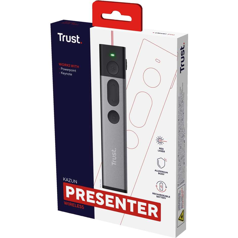 Trust Kazun Presenter Wireless Puntatore Laser Rosso RF 2.4 GHz per Presentazioni Alluminio e Nero
