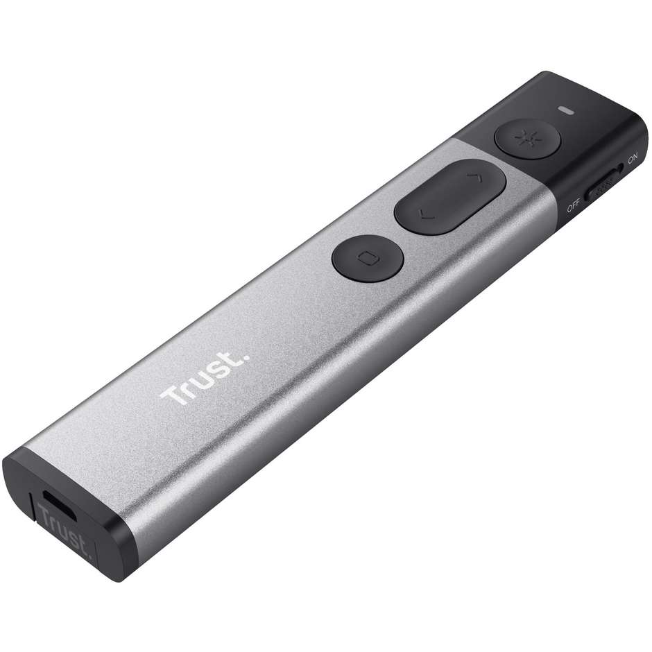 Trust Kazun Puntatore Wireless per Presentazioni con Puntatore Laser Rosso Ricevitore USB e Batteria Ricaricabile - Alluminio e Nero (23333)